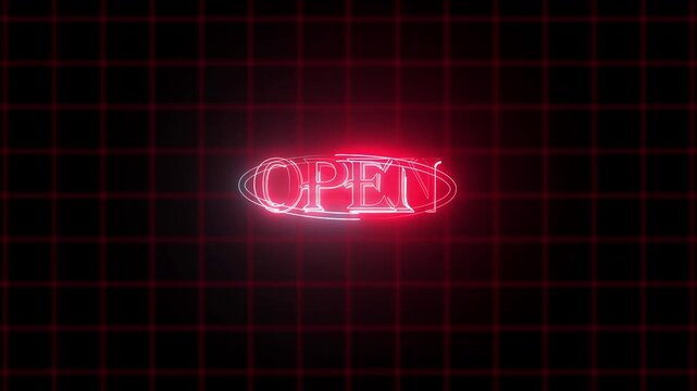 Neon open sign with glowing light effect on grid background
