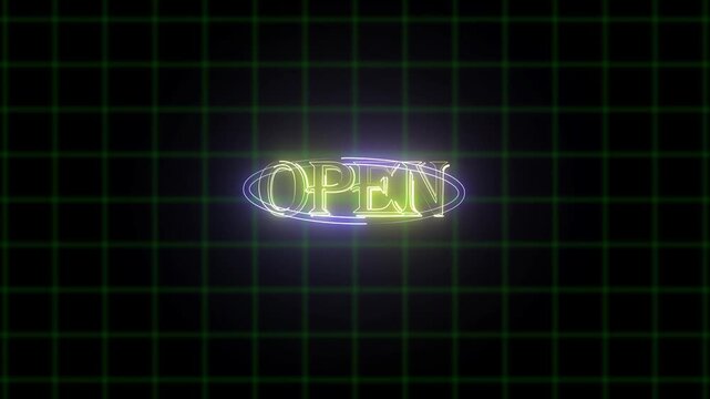 Neon glowing open sign with light trail effect on dark grid background