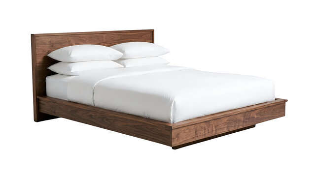 Modern wooden bed frame with white bedding isolated on transparent background