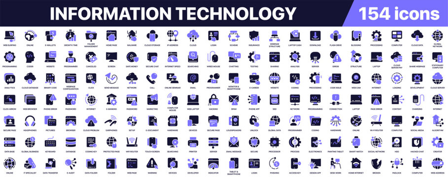 Information technology icon collection in colored style. Set of software, programming, cloud computing, networking, database, internet, hardware and technology icons