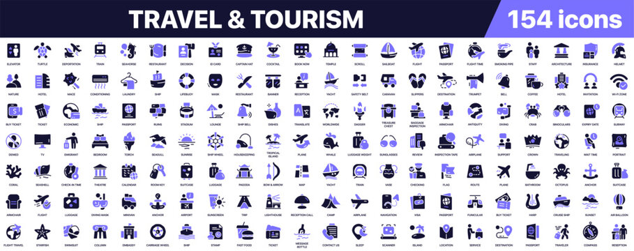 Travel and tourism icon collection in colored style. Set of vacation, transportation, hotel, passport, luggage, destinations and travel service icons