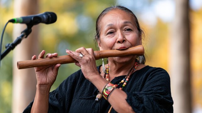 Female musician playing traditional wooden flute at outdoor autumn festival