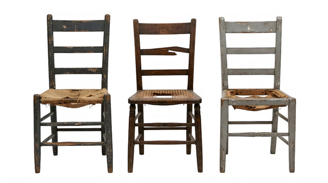 Three vintage rustic wooden chairs with damaged woven seats isolated on transparent background
