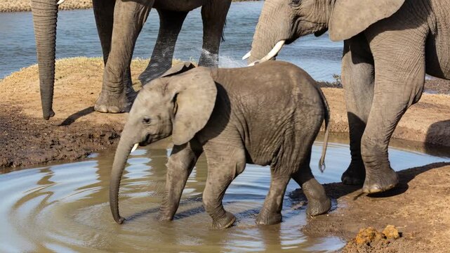 Testing elephant calf dipping trunk with front foot in shallow puddle at bank, adult tusks close