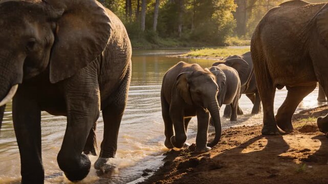 Emerging lead adult guiding herd moving along riverside, splashing ripples, protecting juveniles