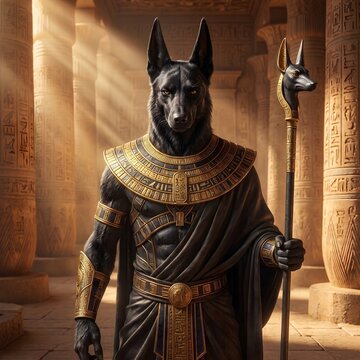 Ultra-realistic depiction of Anubis, the ancient Egyptian god with a black jackal head, wearing ornate gold and black ceremonial clothing and holding a staff inside a hieroglyphic temple.