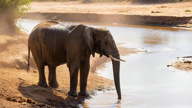 Stepping thirsty adult elephant descending sandy bank, extending trunk into water, showing tusks
