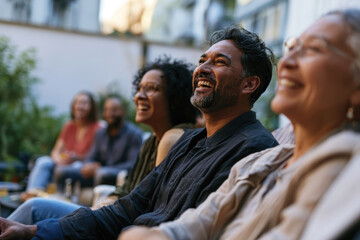 Fototapeta premium A vibrant and joyful moment captured as a group of friends shares laughter during an intimate outdoor event, showcasing warmth, connection, and a sense of belonging.