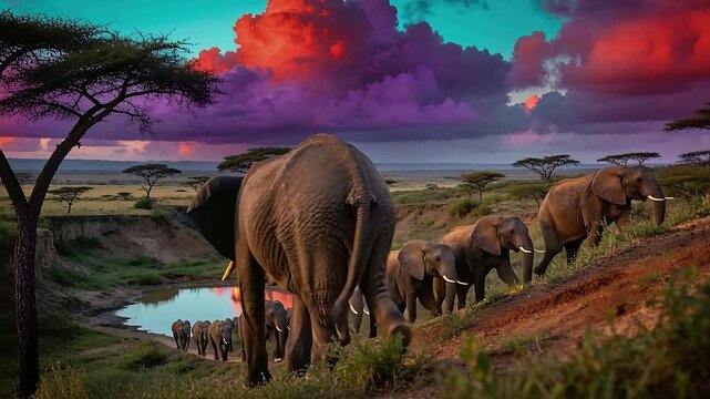 Spotting pond, adult elephant descending slope toward water, placing feet, leading calves to drink