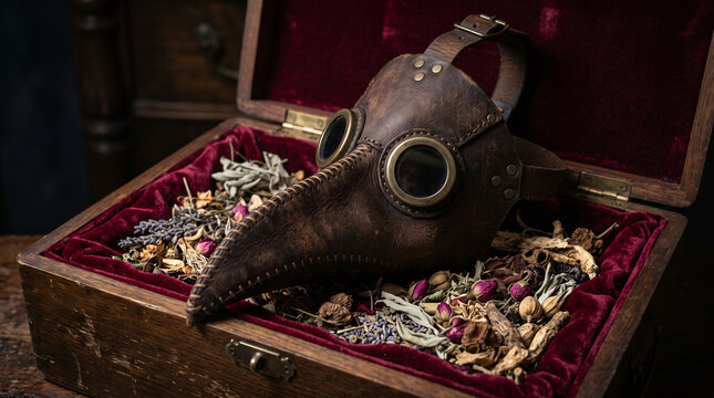 Vintage leather plague doctor mask inside a wooden box with dried medicinal herbs