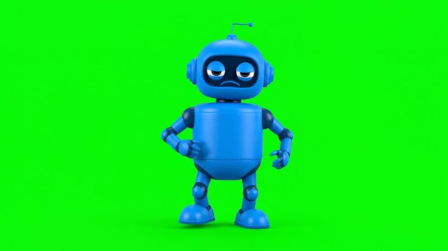 Sad blue robot mascot standing and trembling gently on green screen