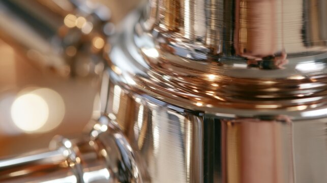 Macro close-up of shiny stainless steel cookware with warm reflections and soft bokeh in a modern kitchen
