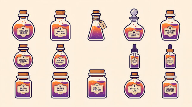 Set of magic potion bottles with colorful liquid and labels in a flat vector style