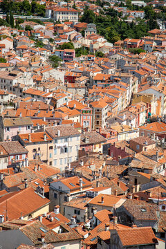 View of the historic old town of Rovinj with its dense terracotta rooftops and stone architecture in Rovinj, Istria County, Croatia.