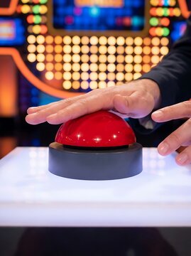 A person pressing a large red buzzer button on a white illuminated platform, with a blurred background, of colorful glowing, lights in a studio