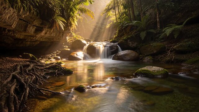 Flowing waterfall spilling into pool at forest ravine, sunbeams creating golden reflections