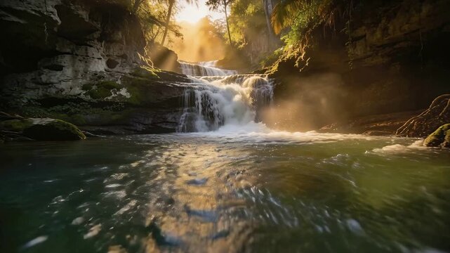 Moving camera showing tiered falls and pool flowing toward lens at forest gorge, adding depth