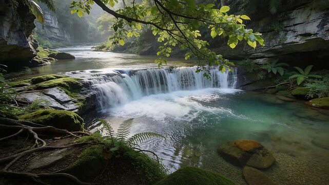 Pouring curved waterfall sending water into turquoise pool in forest gorge, fed by upstream flow