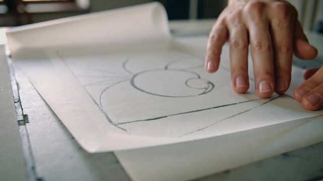Lifting sheet revealing black-line sketch, hands smoothing tracing sheet on lightbox, aligning