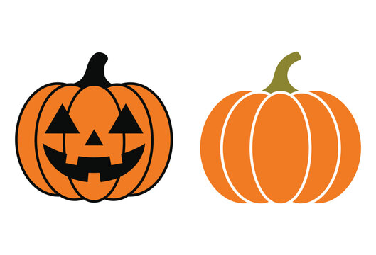 Orange pumpkin set with black jack o lantern face for festive halloween holiday decoration.