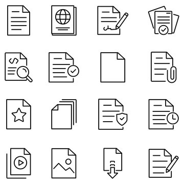 Minimalist document line icons set, 16 business paper and file vector symbols, professional office workflow and data management graphics