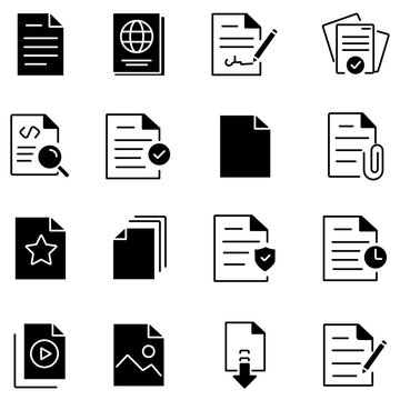 Minimalist document icons set, 16 black solid file symbols, business paperwork and digital asset management vector graphics