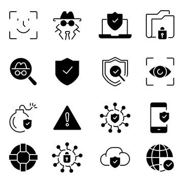 Cyber security icon set, 16 solid black data protection symbols, internet safety and privacy vector graphics for web design