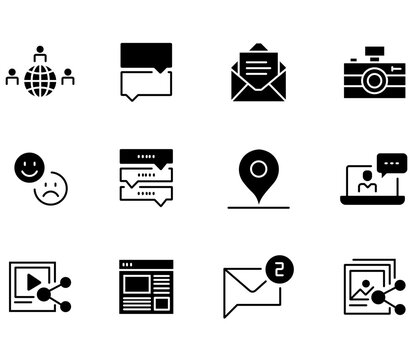 Minimalist social media icon set, 12 black communication vector symbols, digital marketing and networking web elements