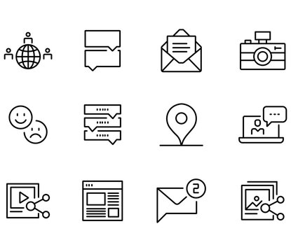 Minimalist social media line icons, 12 digital communication vector symbols, black outline web interface elements for app design