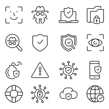 Cyber security line icons set, 16 data protection vector symbols, network safety and privacy web elements for interface design