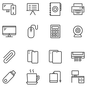 Minimalist office icons set, 16 thin line workspace vector symbols, modern business equipment and computer hardware graphics for web design