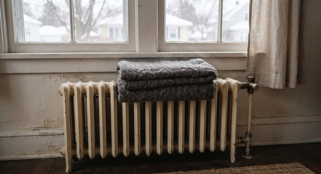 Cast iron radiator below snowy windows with folded gray blanket on top, pale wall, floor rug, and quiet winter heating detail