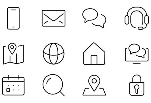 Minimalist contact icons set, 12 thin line vector symbols for web and app design, black outline communication and support graphics
