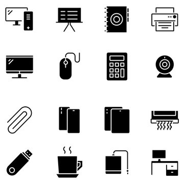 Minimalist office equipment icons, 16 black solid vector symbols for business workspace, modern computer and stationery graphics