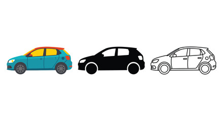 Fototapeta premium Compact car illustrations in color silhouette and line drawing styles