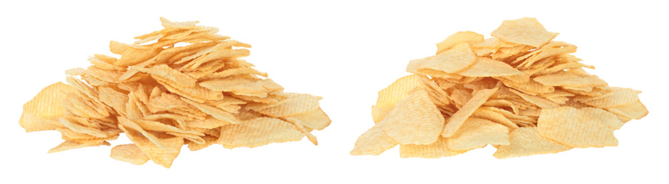 Set of Large heap of potato chips isolated on transparent background. Crispy salted snack food for fast food, junk food, party and leisure, advertising template. Full focus photo