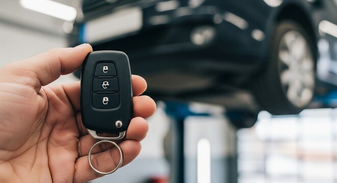 Hand holding car key fob with lock and unlock buttons vehicle in background on lift