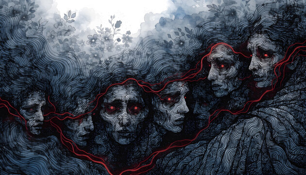 Dark watercolor illustration with ghostly faces and red glowing eyes