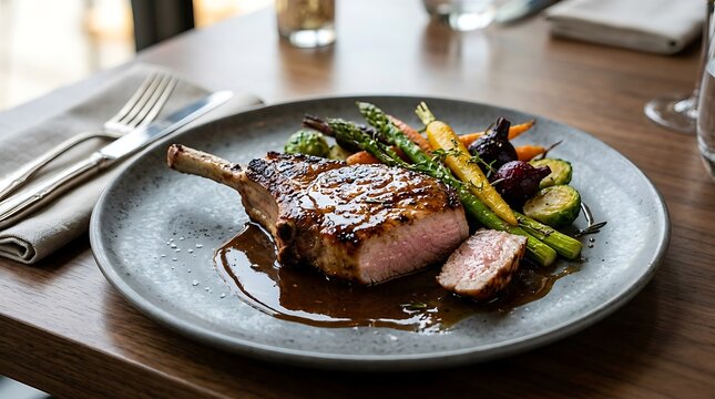 Delicious grilled pork chop served with roasted asparagus and fresh vegetables on a ceramic dinner plate. chuleta de cerdo