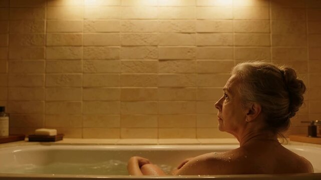 Settling senior woman lifting arm, gazing upward reflecting in bathtub with soap, pump, copy space