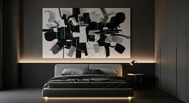 Minimalist modern bedroom with dark walls and large abstract painting