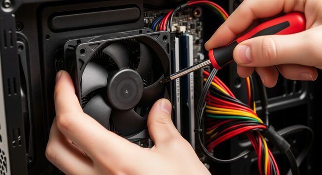 Hands installing a computer fan inside a PC case using a screwdriver, close-up view of PC internal