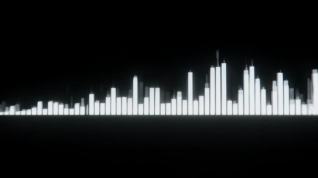 White audio visualizer bars pulsing on black background with copy space for broadcasts or music production