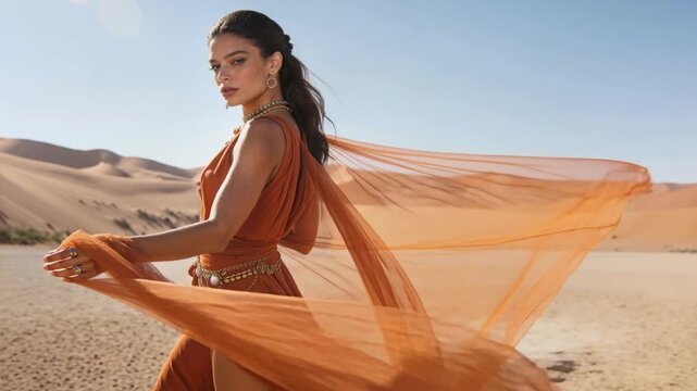 Walking model in orange dress, coin belt across bright desert, breeze lifting veil for shoot