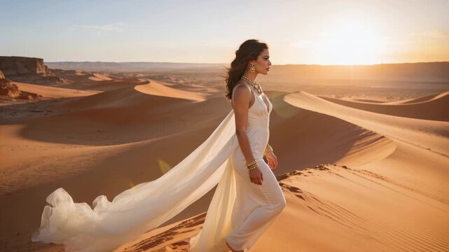 Walking woman in white-dress gold-jewelry on dune crest at sunset, breeze lifting train, copy space