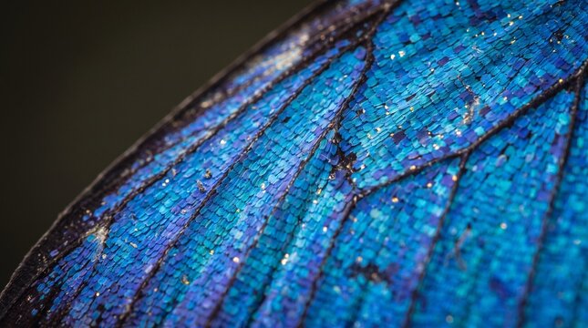 Extreme macro texture of blue butterfly wing with iridescent scale details, natural biomimicry and structure concept