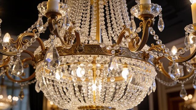 Moving camera approaching ornate chandelier in grand ballroom, revealing sparkling teardrop prism