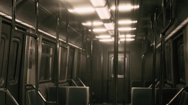 A subway train travels through a city late at night. The interior is empty with dim lights. The seats are unoccupied and the atmosphere is quiet.
