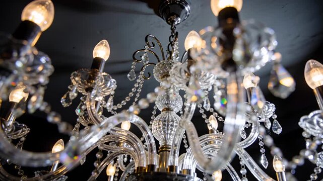Pulling camera revealing multi-arm crystal chandelier at dark ceiling, showing prisms and bulbs
