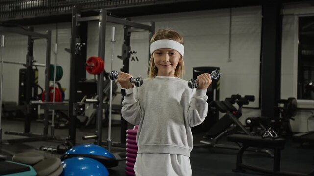 Portrait of Caucasian child smiling and lifting dumbbells in gym. Ideal for youth fitness programs, healthy lifestyle campaigns, and children sports advertisements